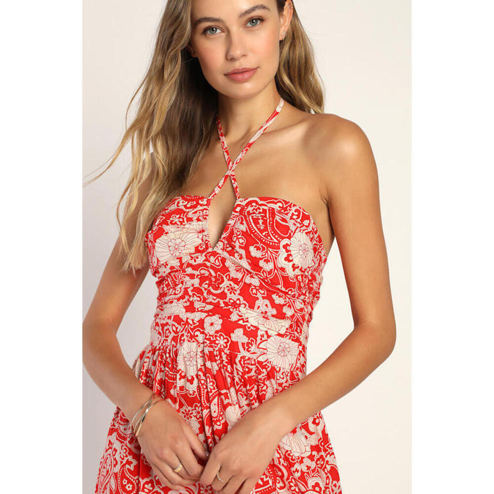 Lulus If You Breeze Red Paisley Print Halter Maxi Dress - Size S